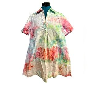 Dyers Hand Tie Dyed White Tee Shirt Swing Dress Cotton Side Seam Pockets XS